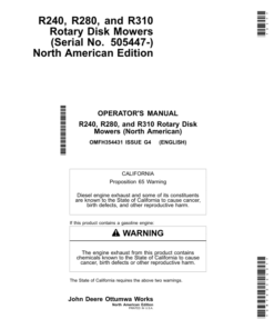 John Deere R240, R280, R310 Rotary Disk Mowers (Serial No. 505447-) North America Operator's Manual (OMFH354431)