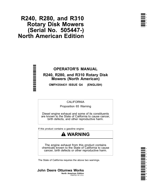 John Deere R240, R280, R310 Rotary Disk Mowers (Serial No. 505447-) North America Operator's Manual (OMFH354431)