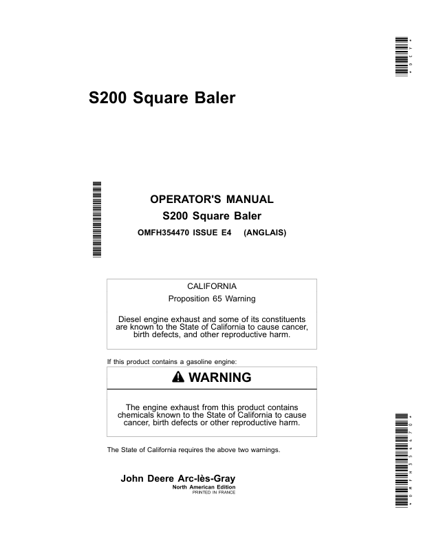 John Deere S200 Square Baler Operator's Manual (OMFH354470)