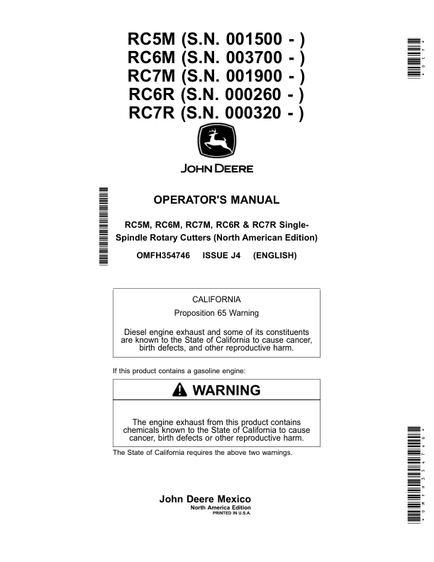 John Deere RC5M, RC6M, RC7M, RC6R & RC7R Single- Spindle Rotary Cutters (North American) Operator's Manual (OMFH354746)