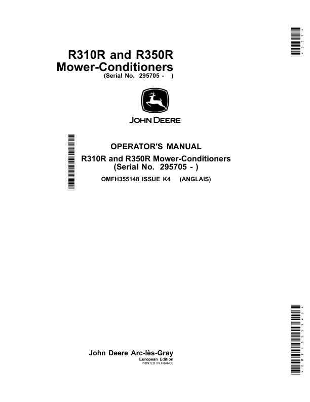 John Deere R310R, R350R Mower-Conditioner Operator's Manual (OMFH355148)