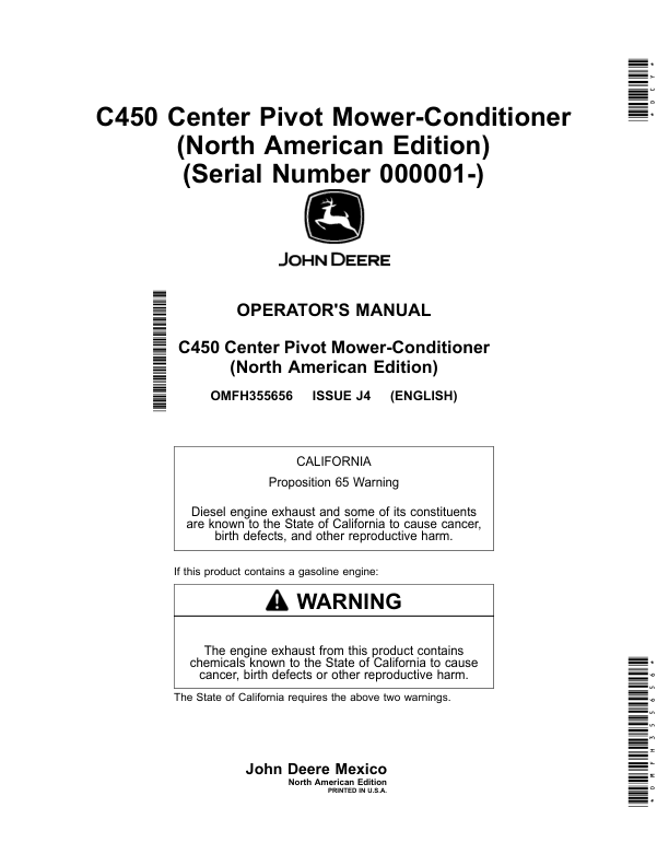 John Deere C450 Center Pivot Mower-Conditioner (North American) Operator's Manual (OMFH355656)