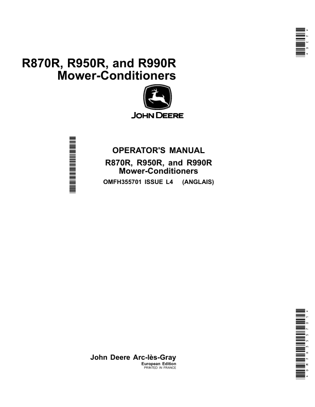 John Deere R870R, R950R, R990R Mower-Conditioners Operator's Manual (OMFH355701)