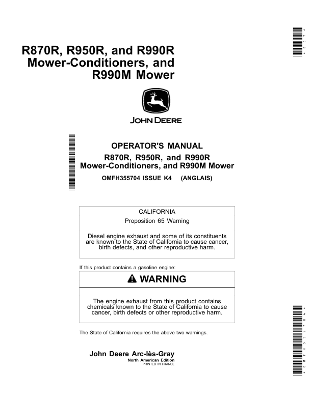 John Deere R870R, R950R, R990R Mower-Conditioners, R990M Mower Operator's Manual (OMFH355704)