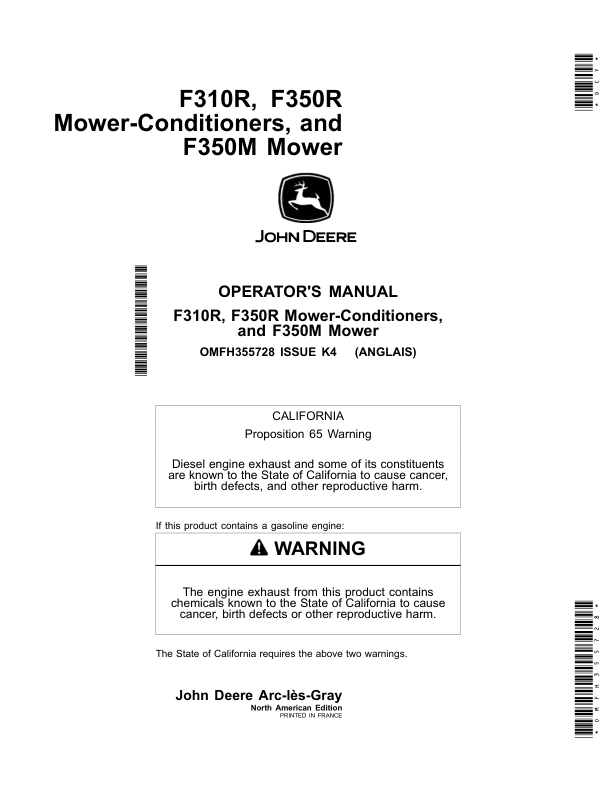 John Deere F310R, F350R Mower-Conditioners, F350M Mower Operator's Manual (OMFH355728)