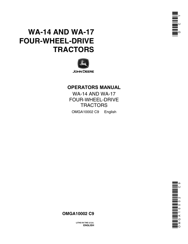John Deere WA14, WA17 Wheel-Drive Tractors Operator's Manual (OMGA10002)