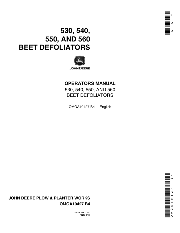 John Deere 530, 540, 550, 560 Beet Defoliator Operator's Manual (OMGA10427)