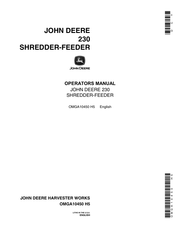 John Deere 230 Shredder-Feeder Operator's Manual (OMGA10450)
