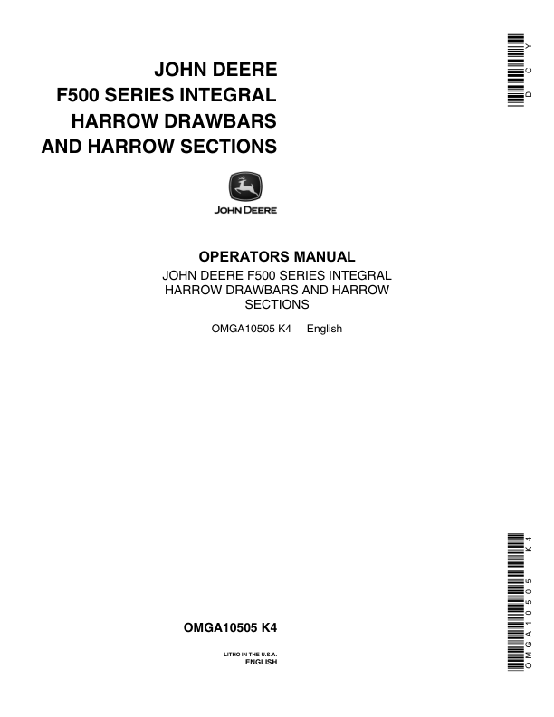 John Deere 500 Series Integral Harrow Drawbars & Sections Operator's Manual (OMGA10505)