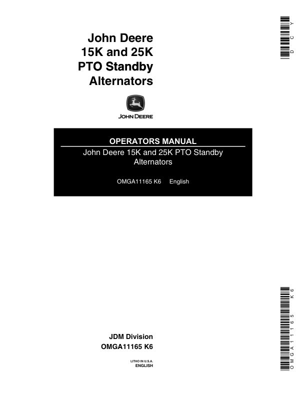 John Deere 15K, 25K PTO Standby Alternators Operator's Manual (OMGA11165)