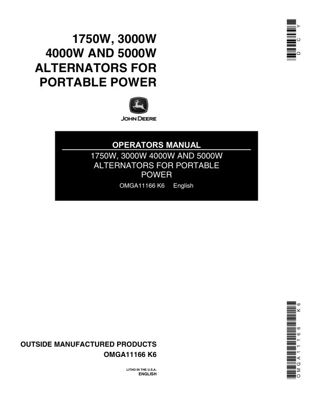 John Deere 1750W, 3000W, 4000W & 5000W Portable Alternator Operator's Manual (OMGA11166)