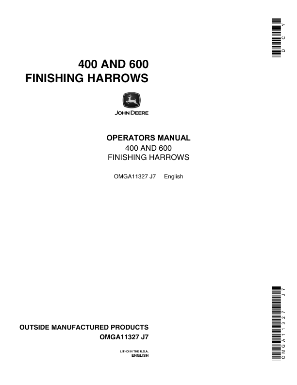 John Deere 400, 600 Finishing Harrows Operator's Manual (OMGA11327)