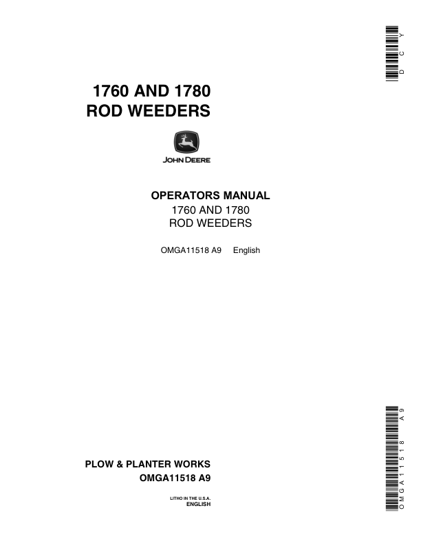 John Deere 1760, 1780 Rod Weeders Operator's Manual (OMGA11518)