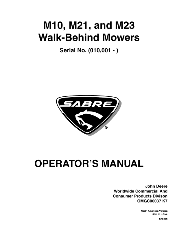 John Deere M10, M21 & M23 21-Inch Sabre Rotary Walk-Behind Mowers (010001-) Operator's Manual (OMGC00037)