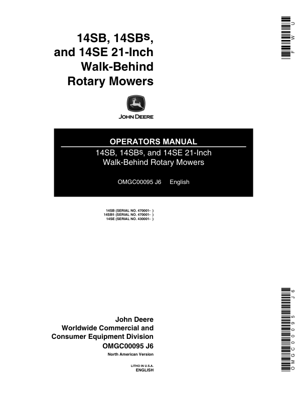 John Deere 14SB (470001-), 14SBS (470001-), 14SBF (430001-), 14SE (430001-) 21-In. Walk-Behind Rotary Mower Operator's Manual (OMGC00095)