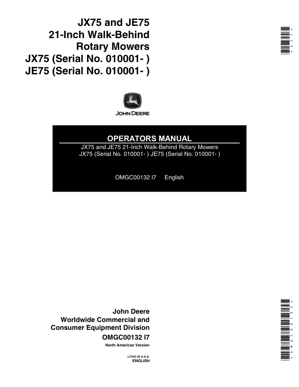 John Deere JX75(010001-), JE75(010001-), 21-Inch Walk-Behind Rotary Mowers Operator's Manual (OMGC00132)