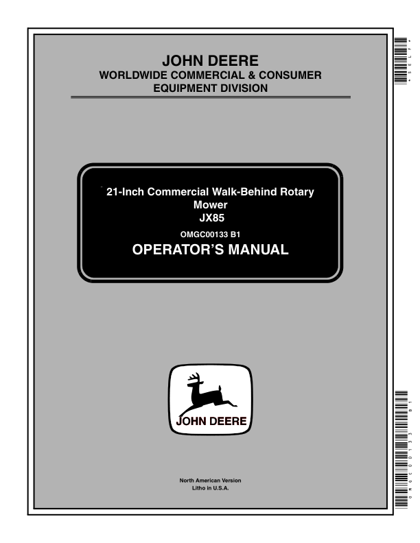 John Deere JX85 21-Inch Commercial Walk-Behind Rotary Mower (010001-) Operator's Manual (OMGC00133)