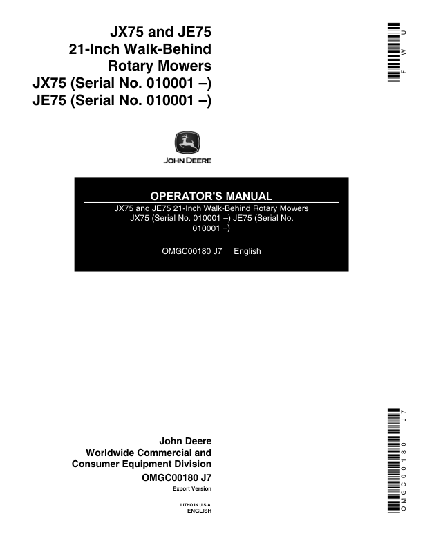 John Deere JX75(010001-), JE75(010001-) 21-Inch Walk-Behind Rotary Mower Operator's Manual (OMGC00180)