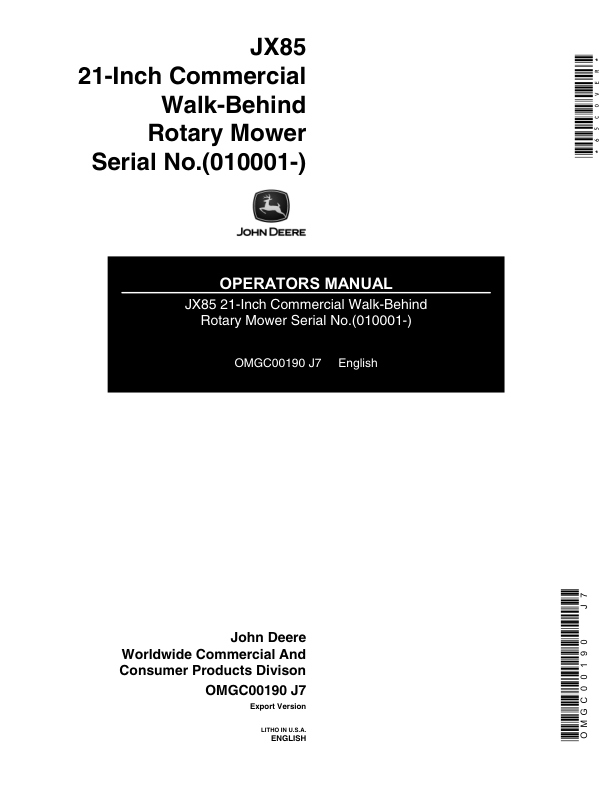 John Deere JX85 21-Inch Commercial Walk Behind Rotary Mower (010001-) Operator's Manual (OMGC00190)