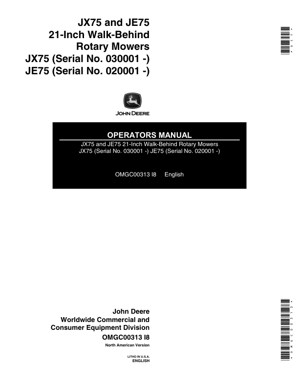 John Deere JX75 (030001-), JE75 (020001-) 21-Inch Walk-Behind Rotary Mowers Operator's Manual (OMGC00313)