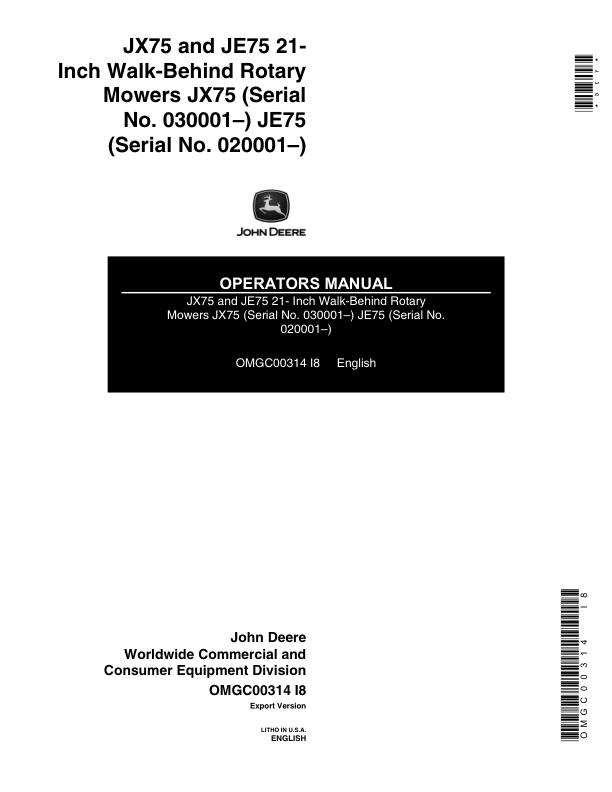 John Deere JX75 (030001-), JE75 (020001-) 21-Inch Walk-Behind Rotary Mowers Operator's Manual (OMGC00314)