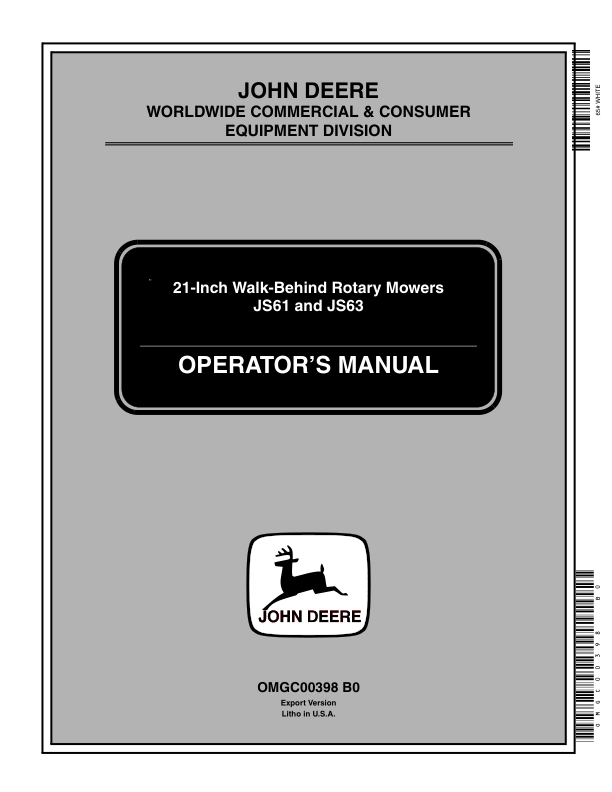 John Deere JS61, JS63 21 In. Walk-Behind Mower Operator's Manual (OMGC00398)