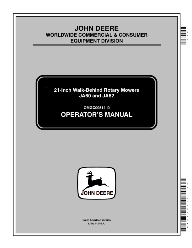 John Deere JA60 & JA62 Rotary Mowers North America (100001- ) Operator's Manual (OMGC00514)
