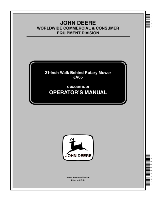 John Deere JA65 21-Inch Walk Behind Rotary Mower (100001-) Operator's Manual (OMGC00516)