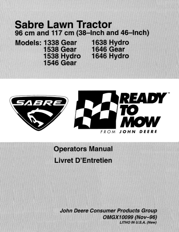 John Deere 38, 46 Inch Sabre Lawn Tractor (1338G, 1538G, 1538H, 1546G, 1638H, 1646G, 1646H) Operator's Manual (OMGX10099)