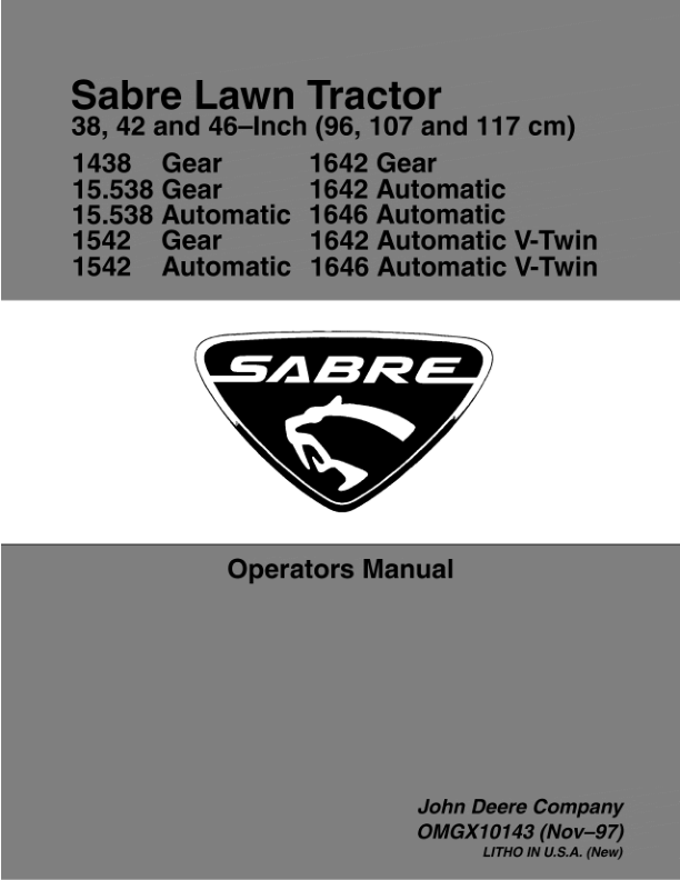 John Deere 38, 42, 46 inch 1438G, 1538G&H/1542G &H, 1642G/H, 1646H/1642V-TW/1646 V-TWIN) Operator's Manual (OMGX10143)