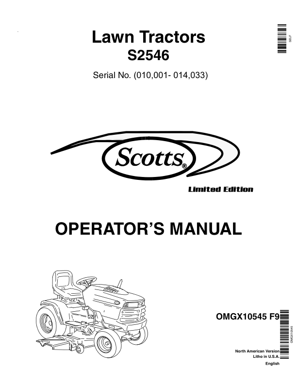 John Deere S2546 Scotts Lawn Tractors Operator's Manual (OMGX10545)
