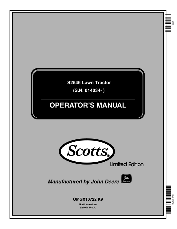 John Deere S2546 Lawn Tractor Scotts Limited Edition Operator's Manual (OMGX10722)