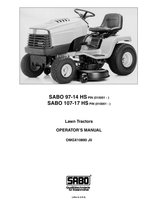 John Deere 97-14HS & 107-17HS SABO Lawn Tractors (010001-) Operator's Manual (OMGX10890)
