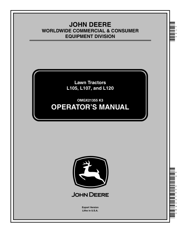 John Deere L105, L107. & L120 Lawn Tractors Export Edition (010001- ) Operator's Manual (OMGX21355)