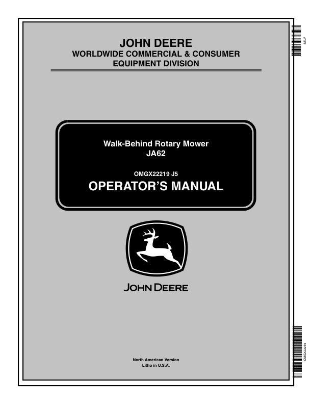 John Deere JA62 Walk Behind Rotary Mower (220001-) Operator's Manual (OMGX22219)