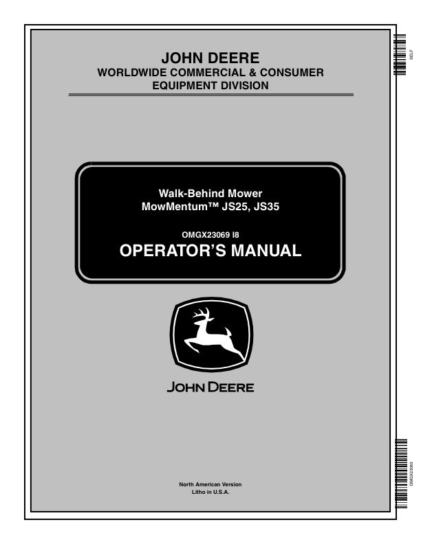 John Deere JS25, JS35 Walk-Behind Mower (010001-100000) Operator's Manual (OMGX23069)