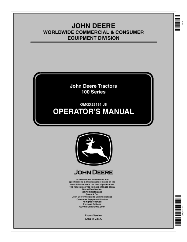 John Deere Tractors 100 Series Operator's Manual (OMGX23181)