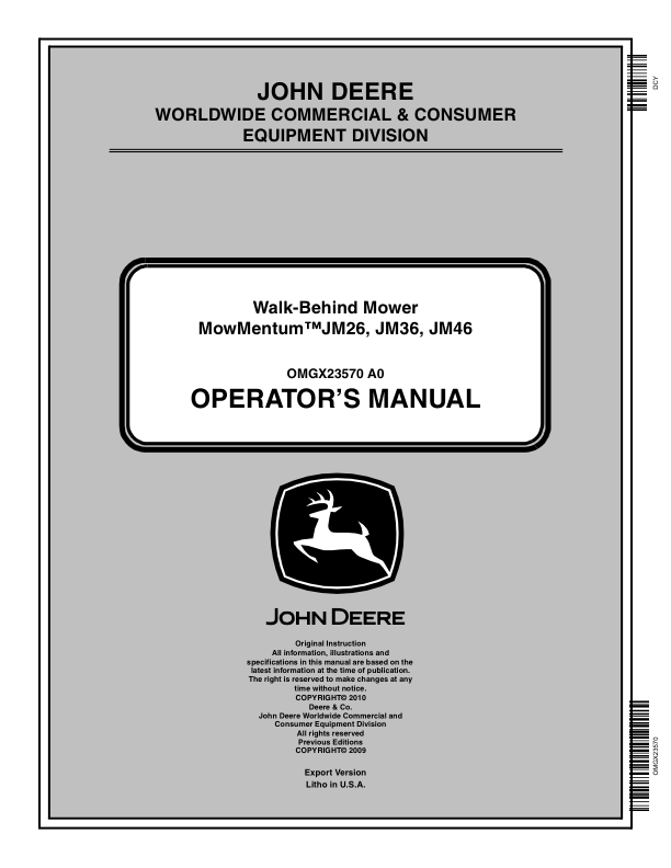 John Deere Walk-Behind Mower??M?wMentumJM26, JM36, JM46 Operator's Manual (OMGX23570)
