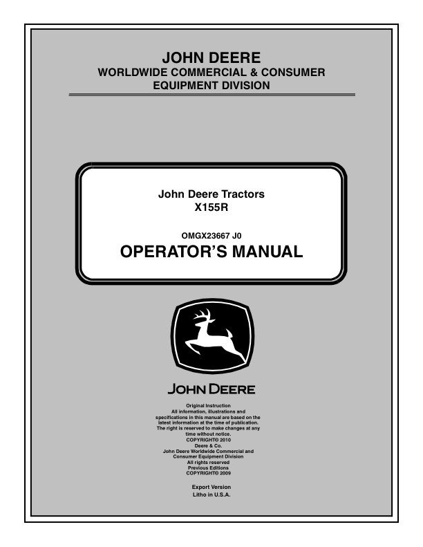 John Deere X155R Lawn Tractor Export Edition (010001-020000) Operator's Manual (OMGX23667)