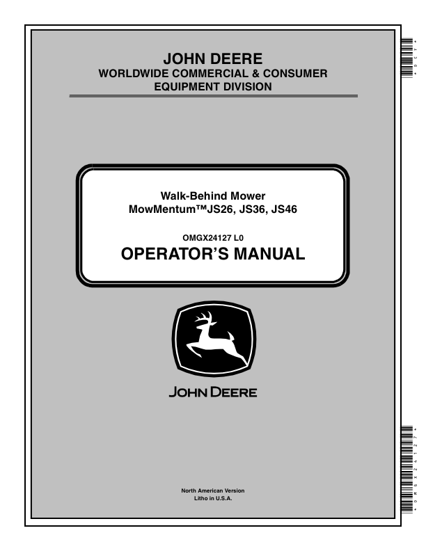 John Deere Walk-Behind Mower - JS26, JS36, JS46 (500001-) Operator's Manual (OMGX24127)