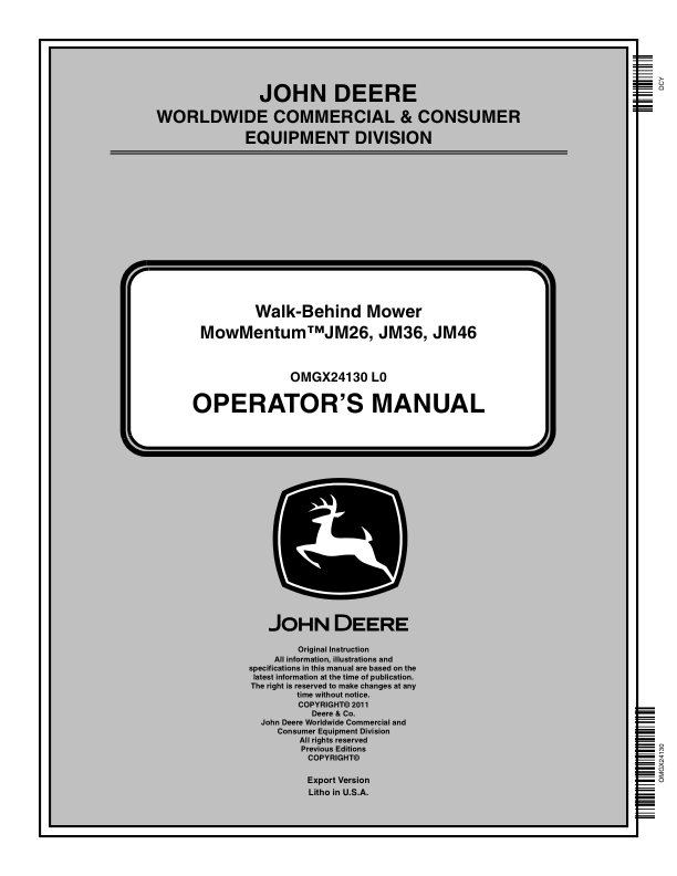 John Deere Walk-Behind Mower JM26, JM36, JM46 (EX) Operator's Manual (OMGX24130)