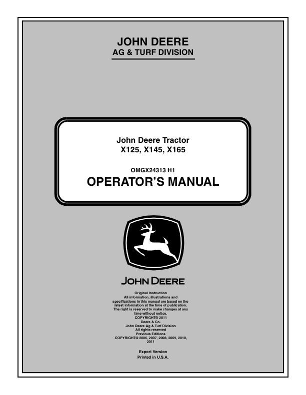 John Deere X125, X145, X165 Tractor (EX) Operator's Manual (OMGX24313)