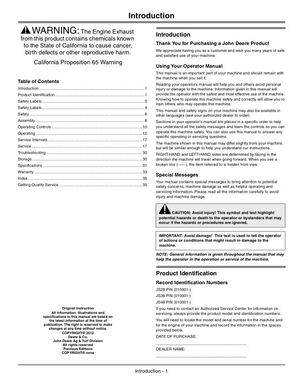 John Deere Walk-Behind Mower - JS28, JS38, JS48 (010001-) Operator's Manual (OMGX24373) - Image 2