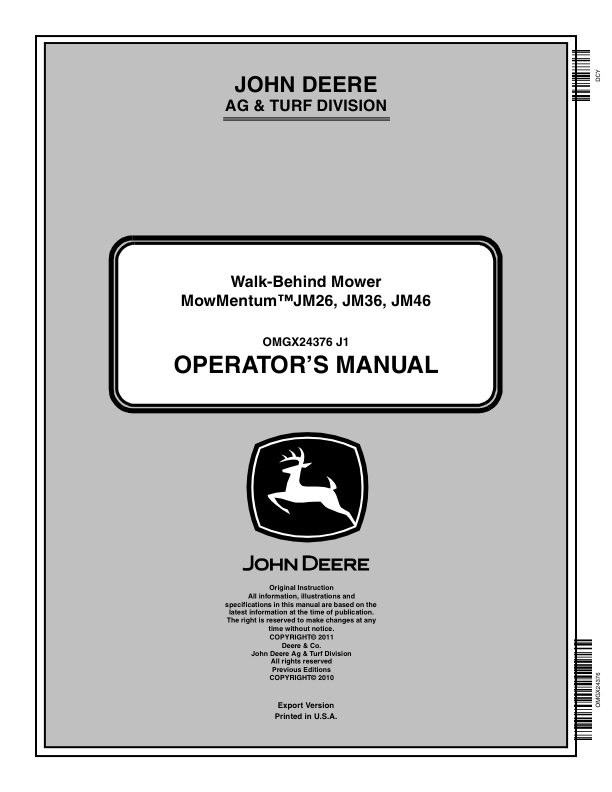 John Deere Walk-Behind Mower - JM26, JM36, JM46 (150001-) Operator's Manual (OMGX24376)