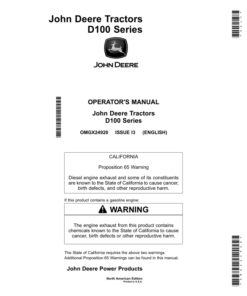 John Deere D100 (100 Series) Tractors (49 States & Australia E500001-) (California E050001-) (Mexico, Canada & Rest of World E20001-) Operator's Manual (OMGX24920)