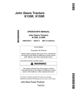 John Deere X135R & X155R Tractors Export Edition (050001-058000) Operator's Manual (OMGX25012)