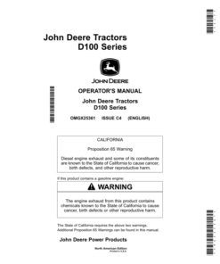 John Deere D100 (100 Series) Tractors (49 States & Australia E560001-) (California E055001-) (Canada, Mexico & Rest of World E22001-) Operator's Manual (OMGX25361)