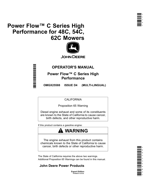 John Deere Power Flow C Series High Performance for 48C, 54C, 62C Mowers (Export Edition) Operator's Manual (OMGX25588)