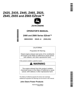 John Deere Z425, Z435, Z445, Z465, Z625, Z645, Z655 & Z665 EZTrak Zero-Turn Mowers Operator's Manual (OMGX25929)