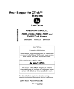 Alternative view of John Deere Rear Bagger for ZTrak Mowers (48/54 Inch)Applies to Z525E, Z535M, Z535R, Z540R & Z540M Mowers North America Operator's Manual (OMGX26083)
